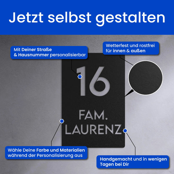 Modernes Nummer- und Namensschild (Hochkant) - Hausnummer