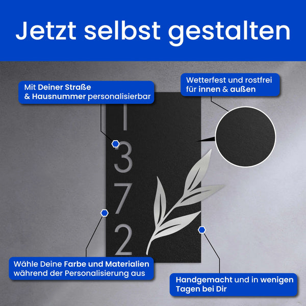 Geschmückte Hausnummer mit Blätterzweig - Hausnummer
